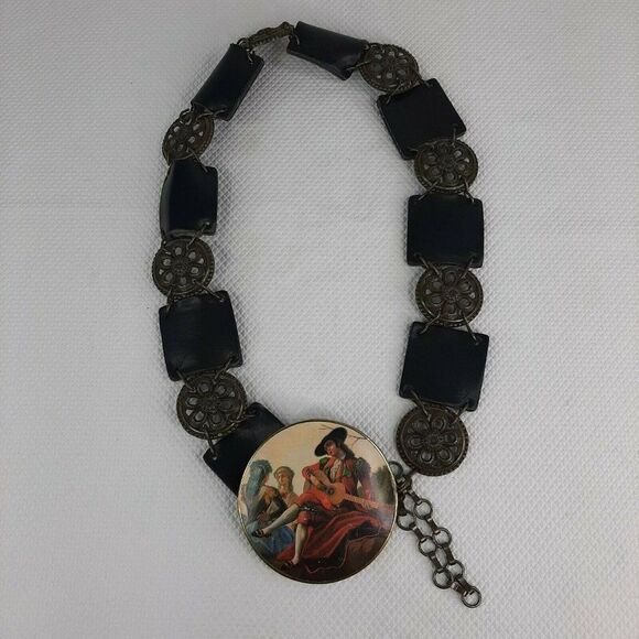 Vintage Upcycled Victorian Compact Leather Metal Belt Buckle Chain Link OSFM - Picture 8 of 8